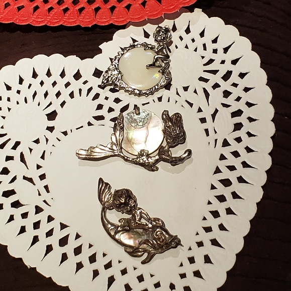 Vintage Pixie Elf Mermaid Silver Abalone mother of pearl pins lot - Picture 3 of 16